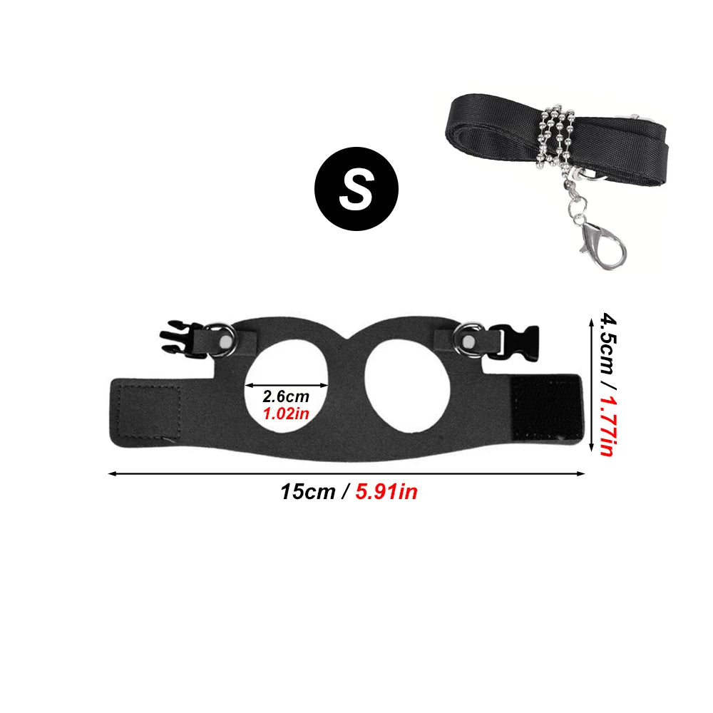 Small size black squirrel harness with leash, showing dimensions and secure buckle design for small pet outdoor use.