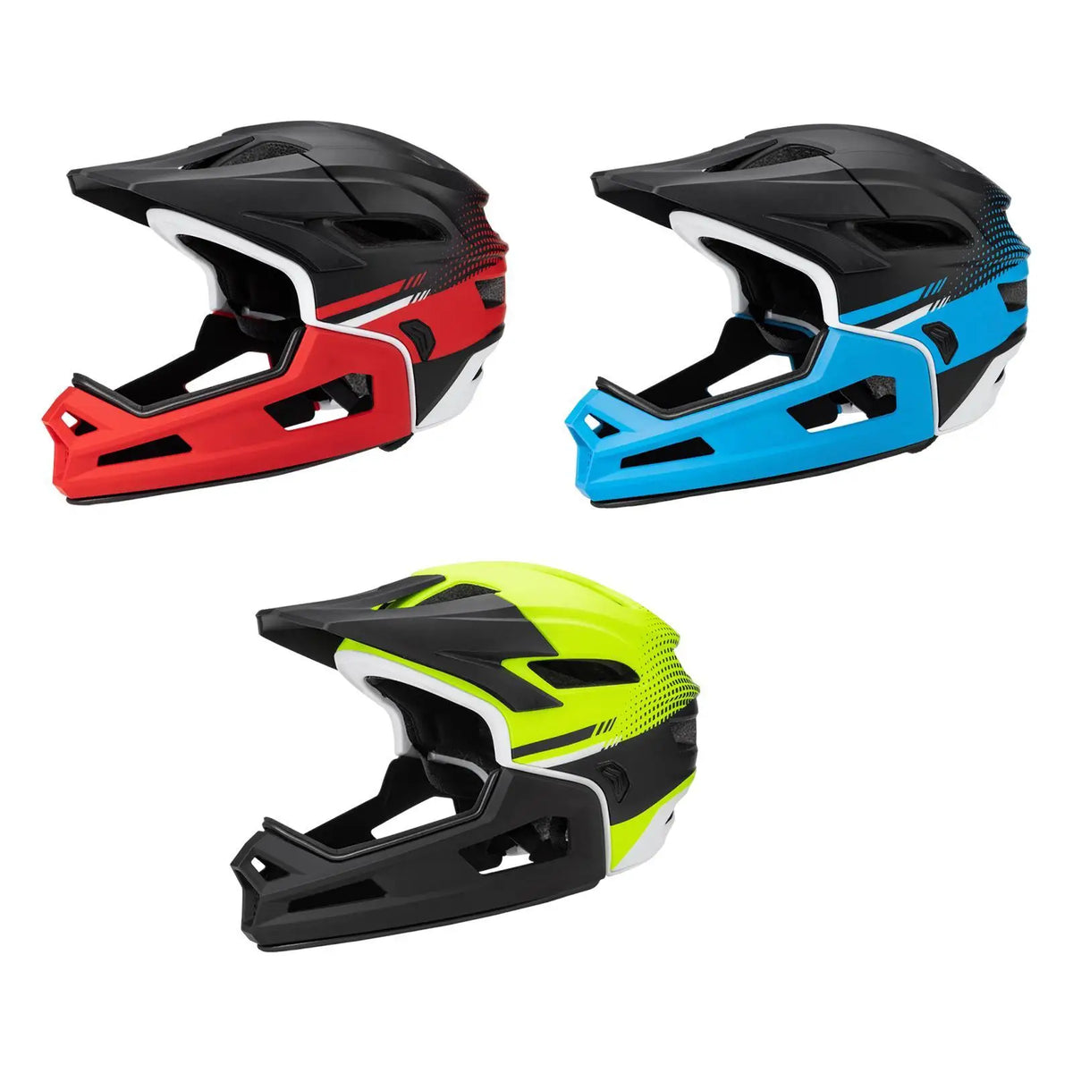 Set of three breathable bike helmets in red, blue, and yellow. Full-face design for men and women, ideal for cycling and outdoor sports.