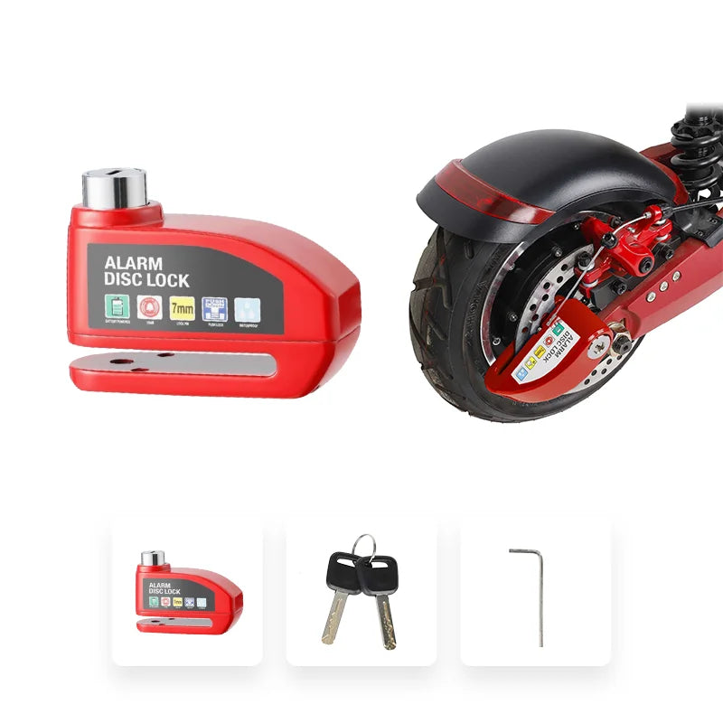 Red disc lock for electric scooter with 110dB alarm and waterproof design, displayed on scooter brake disc with accessories.