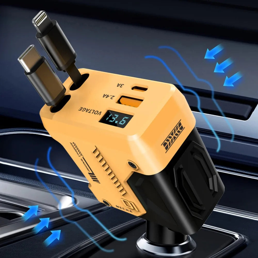 Yellow Universal Car Charger - 4 Port QC PD Adapter plugged into car socket with airflow graphics, showing fast charging and voltage monitoring features.