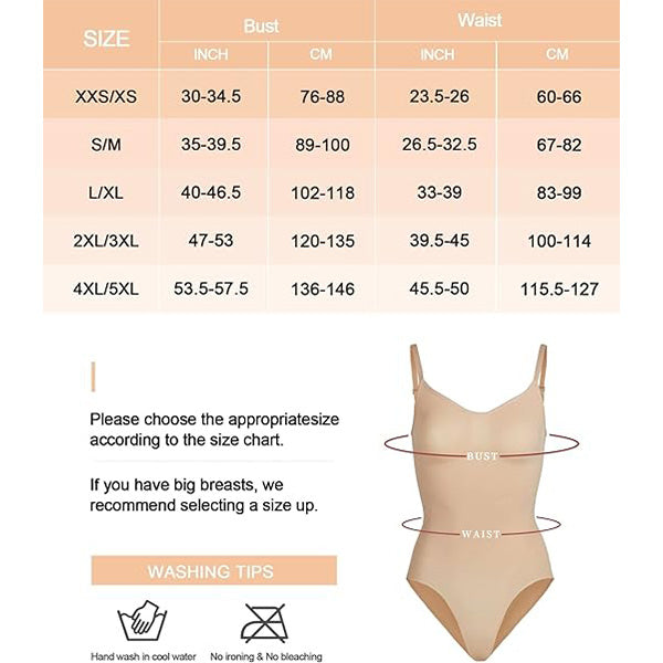 Size chart for Seamless Tummy Control Bodysuit in nude, with bust and waist measurements in inches and centimeters for accurate fit.