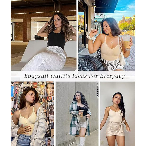 Women styling nude Seamless Bodysuit - Tummy Control in various outfits, demonstrating its versatility for everyday fashion looks.