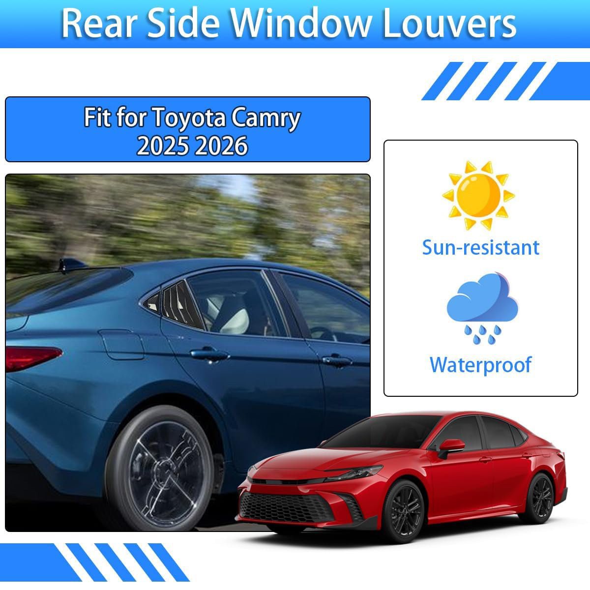 Rear side window louvers for Toyota Camry 2025-2026 9th Gen shown on a blue Camry, featuring racing-style ABS trim for a sleek, sun-resistant, waterproof upgrade.