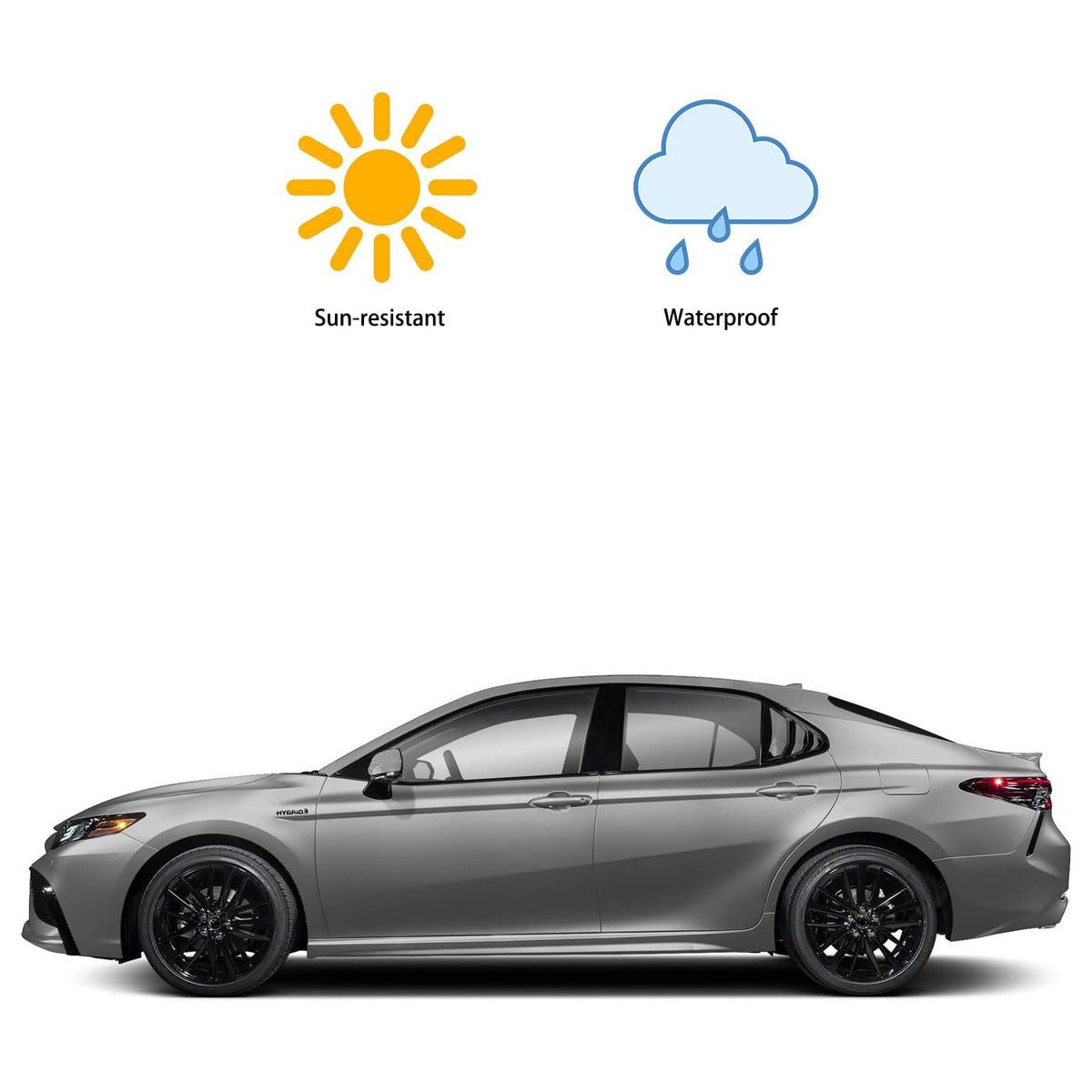 Side view of Toyota Camry with gloss black louvers, featuring waterproof and sun-resistant icons.