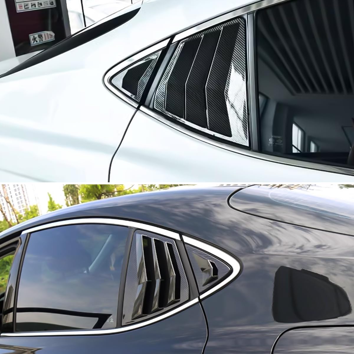 Side-by-side comparison of carbon fiber and black ABS louvers on Toyota Camry 2025-2026, showcasing style options.