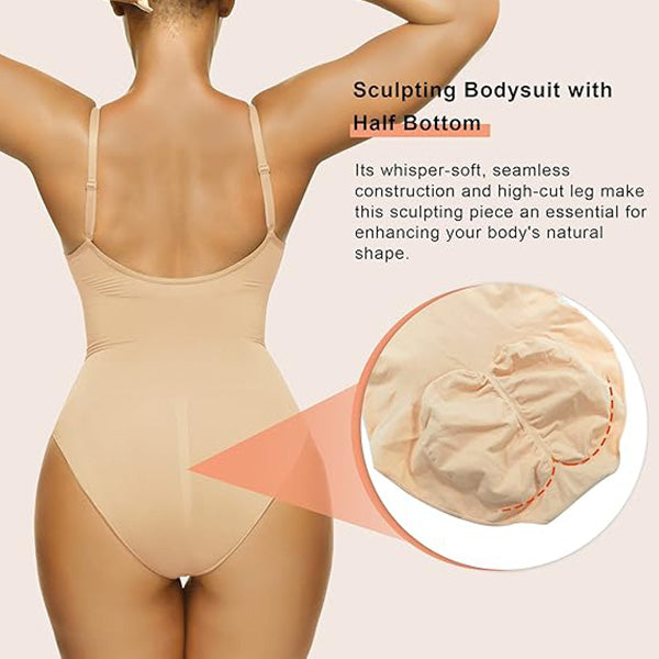 Close-up of nude sculpting bodysuit with half bottom design, highlighting seamless construction for enhanced natural body shape.