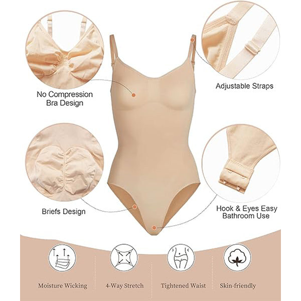 Feature diagram of nude Seamless Tummy Control Bodysuit showing hook closure, adjustable straps, and no-compression bra design.