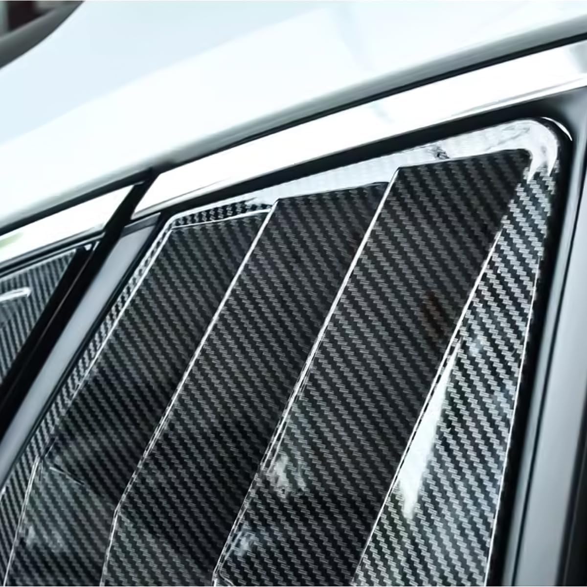 Close-up of carbon fiber texture on Toyota Camry 2025-2026 window louvers, highlighting premium ABS racing trim finish.