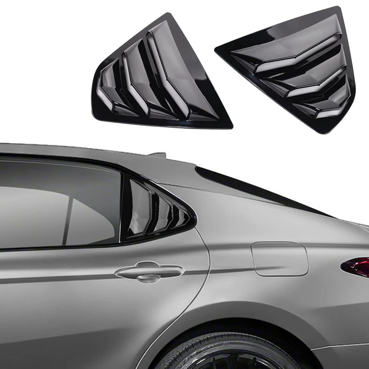 Gloss black rear window louvers installed on Toyota Camry 2018-2024, adding a sporty and modern touch.