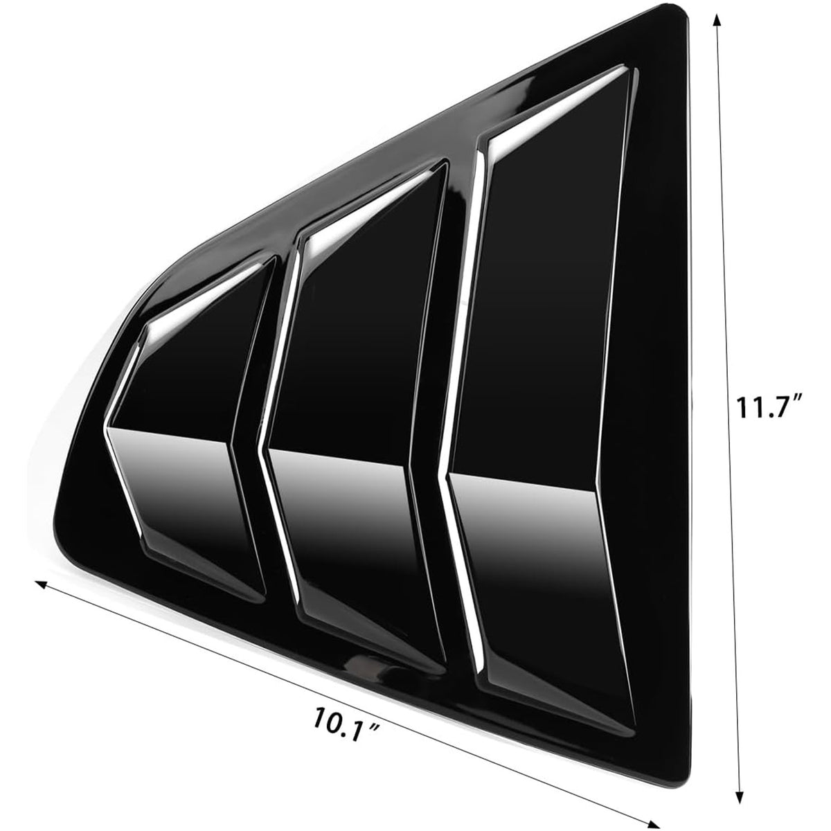 Measurements of gloss black Toyota Camry rear window louver, 11.7 inches tall and 10.1 inches wide.
