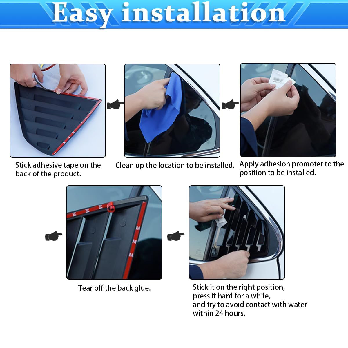 Step-by-step no-drill installation guide for 2025-2026 Toyota Camry window louvers, showing adhesive tape application and alignment for quick 5-minute setup.