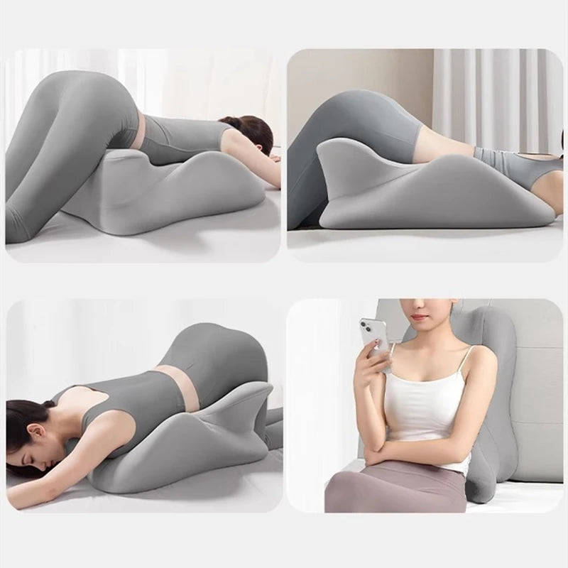 Gray Couples Memory Foam Cushion shown in multiple positions, offering full-body ergonomic support for intimacy and relaxation.