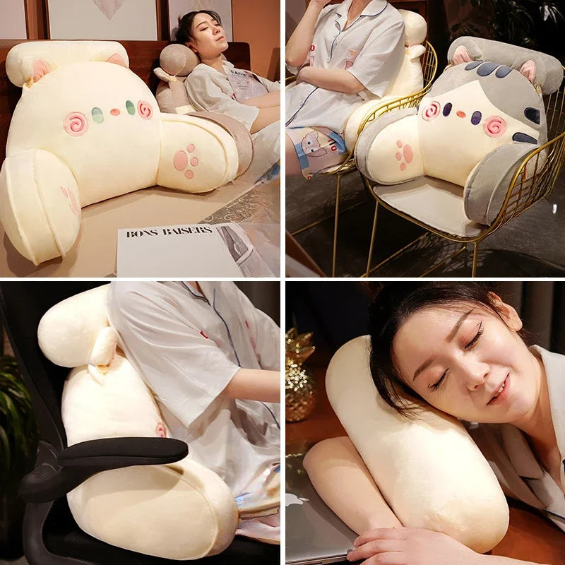 Multiple views of cartoon backrest pillows used on chairs and beds, showcasing lumbar support and multifunctional comfort.