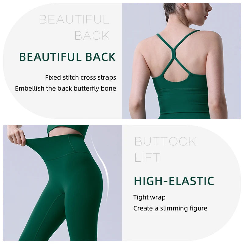 Close-up of green yoga set highlighting cross-back straps and high-elastic leggings for a flattering fit and support.