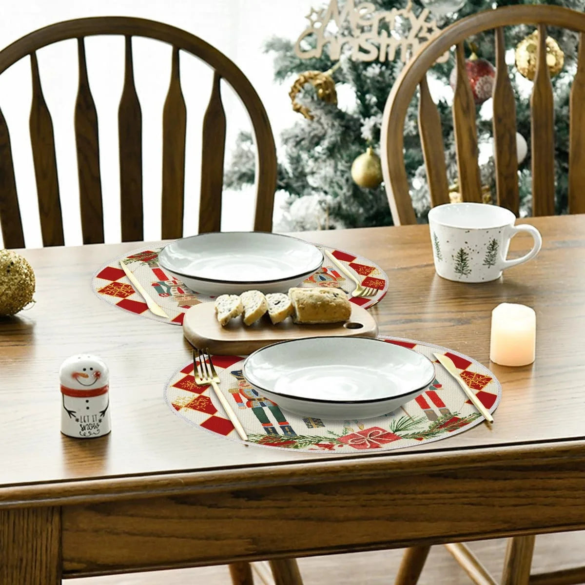 Christmas table setting with round linen placemats featuring Nutcracker design, enhancing festive dining room decor.