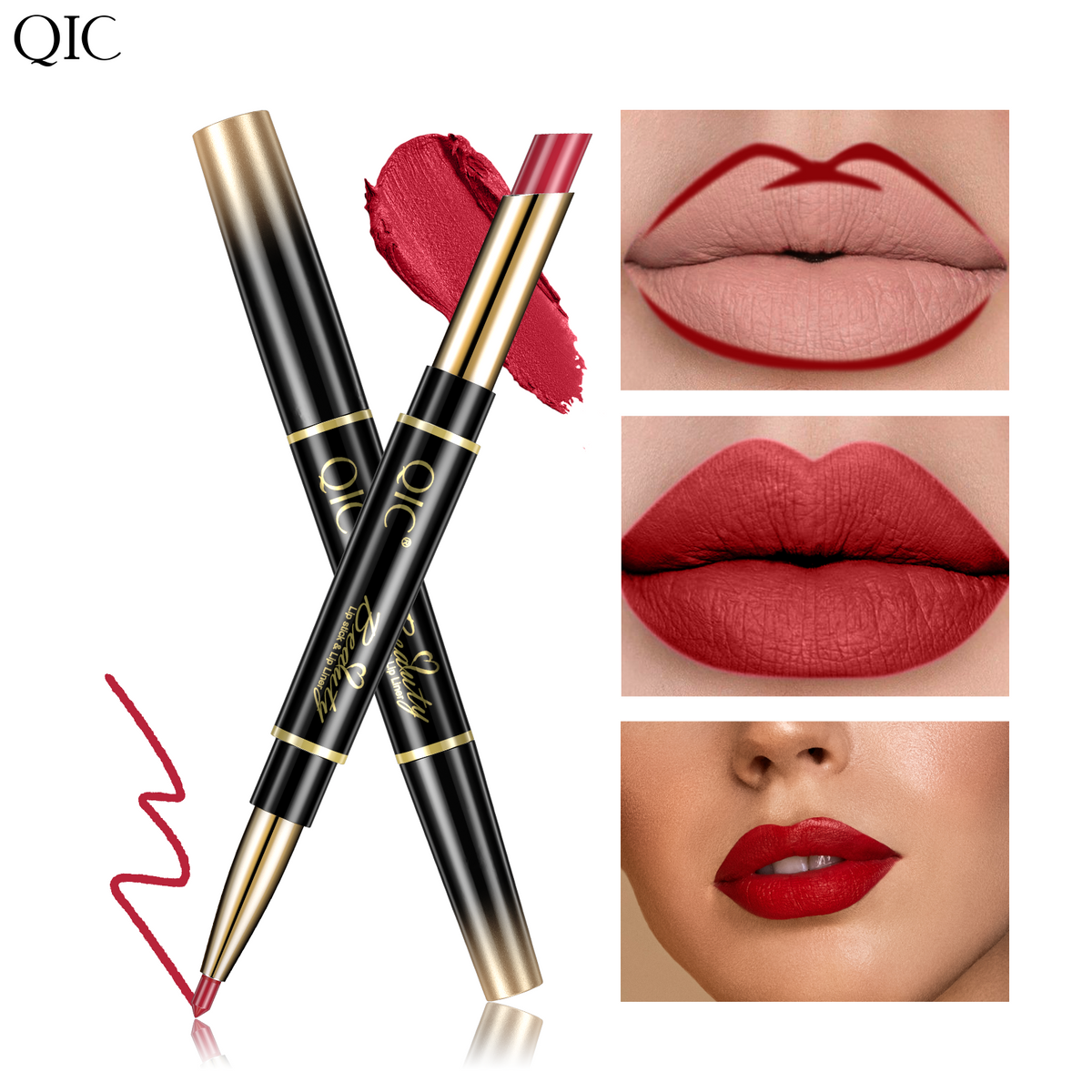 2-in-1 Dual-Ended Lipstick & Liner Matte Waterproof & Transfer-Proof in red with lip liner and lipstick application steps on model lips