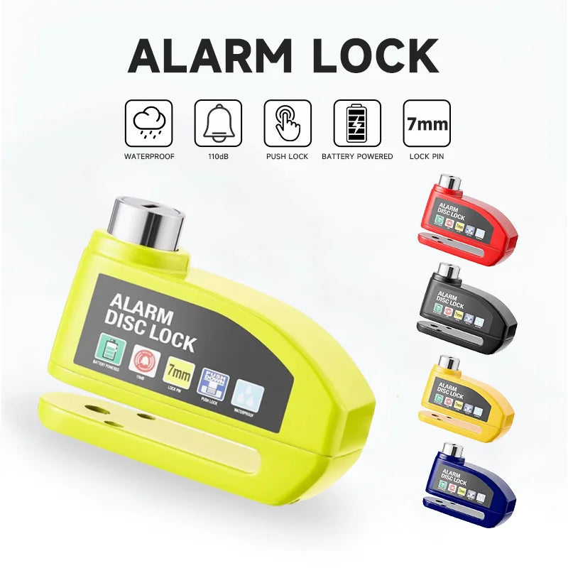 Waterproof disc lock for electric scooters with 7mm pin, 110dB alarm, and push lock mechanism, available in five colors.