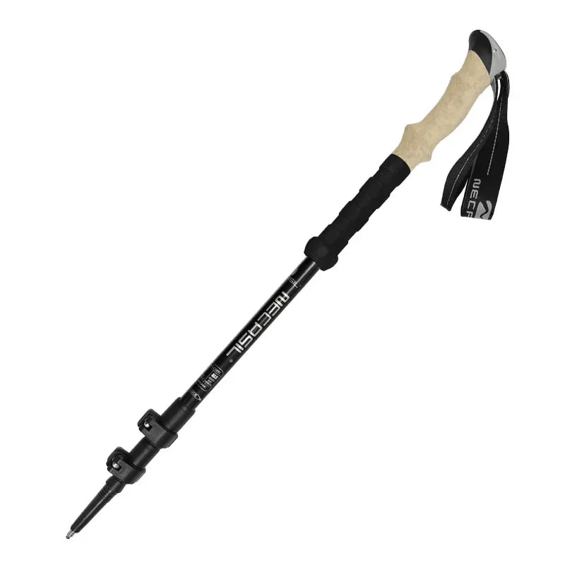 Single black ultralight telescopic trekking pole with quick lock and anti-slip handle, suitable for hiking and camping.