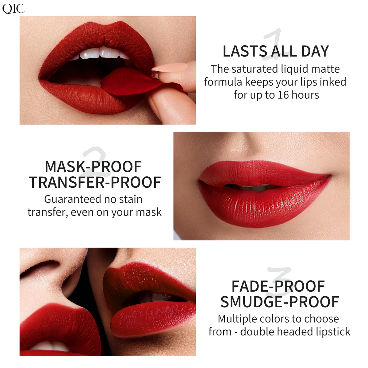 Close-up of lips showing long-lasting, transfer-proof, and smudge-proof results of the 2-in-1 Dual-Ended Lipstick & Liner Matte Waterproof & Kiss-Proof