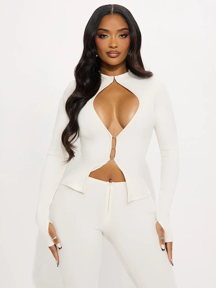 Sexy tracksuits clubwear in white with a bold front cut-out and zip detail, perfect for stylish women's 2-piece outfit sets.