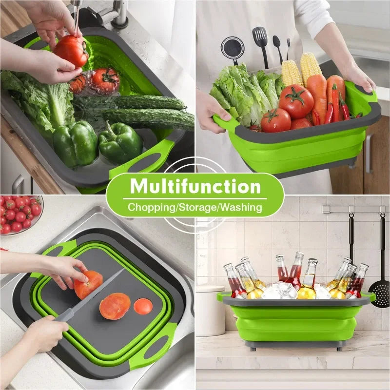 Multifunction Collapsible Cutting Board Sink used for chopping, washing, and storing vegetables and drinks, ideal for camping and kitchen use.