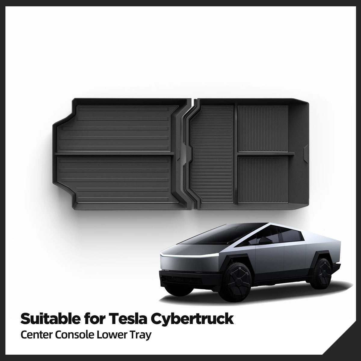 Cybertruck center console organizer tray with dual compartments, designed for 2024-2025 Tesla models, enhances interior storage.
