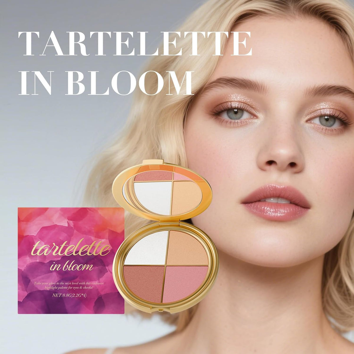 Model showcasing the Eye & Cheek Palette - Glow & Define Features with a soft, radiant finish, highlighting the palette’s multi-functional use.