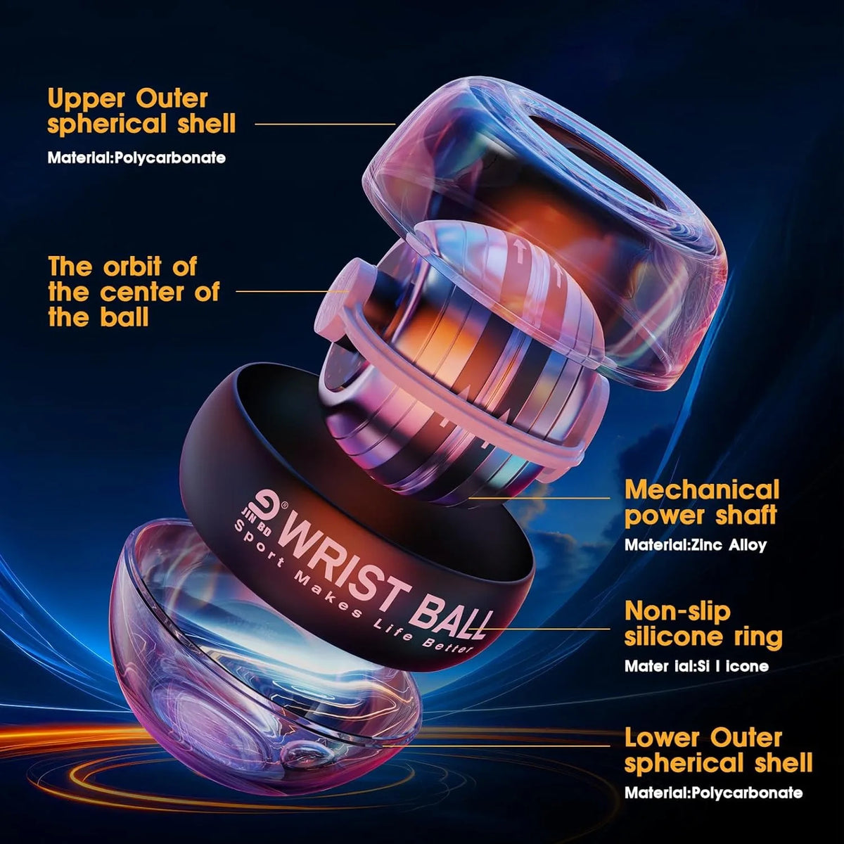 Exploded view of Gyro Ball Trainer showing internal components like zinc alloy shaft and polycarbonate shell for durable wrist workouts.
