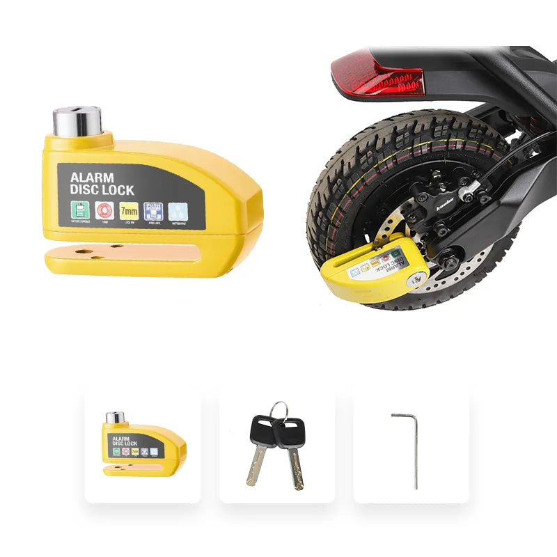Yellow anti-theft disc lock for electric scooter, waterproof and alarm-equipped, shown mounted on rear wheel with keys and hex tool.