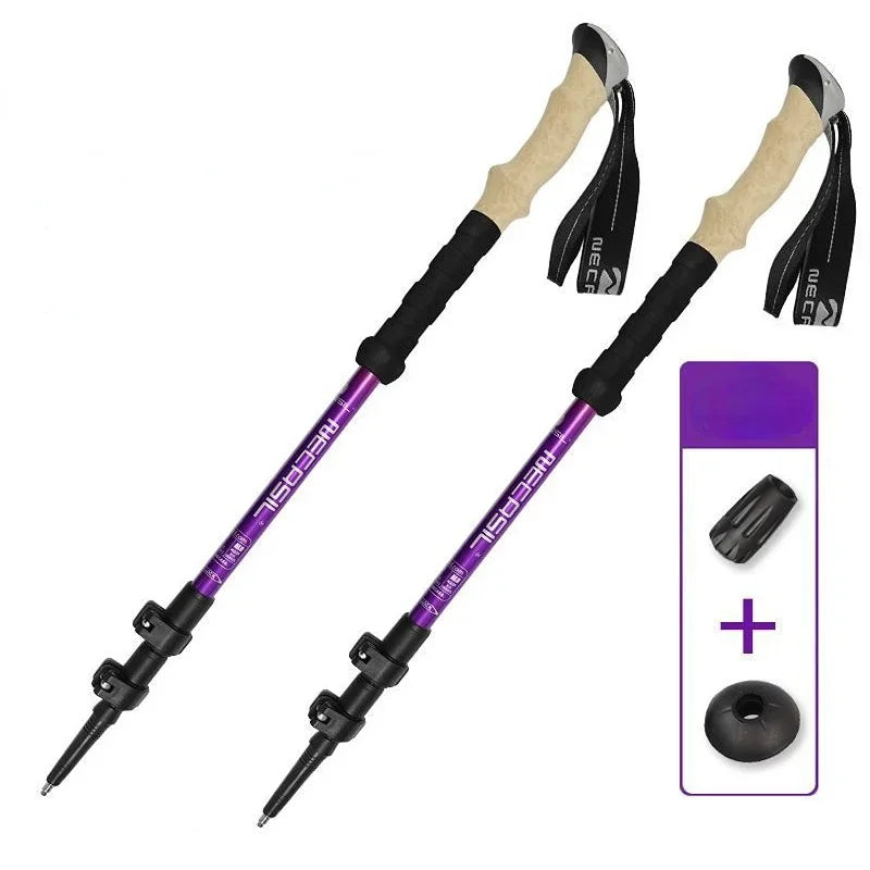 Purple ultralight telescopic hiking poles with quick lock system and non-slip grips, designed for outdoor trekking performance.