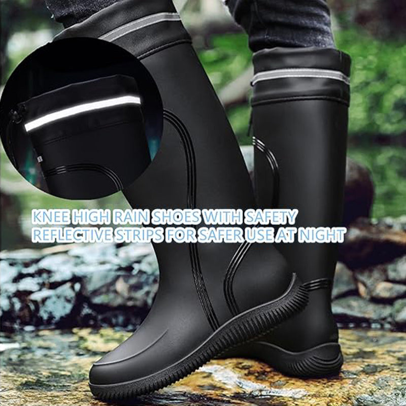 Men's High Tube Rain Boots with reflective safety strips for night visibility, designed for outdoor work and sports.