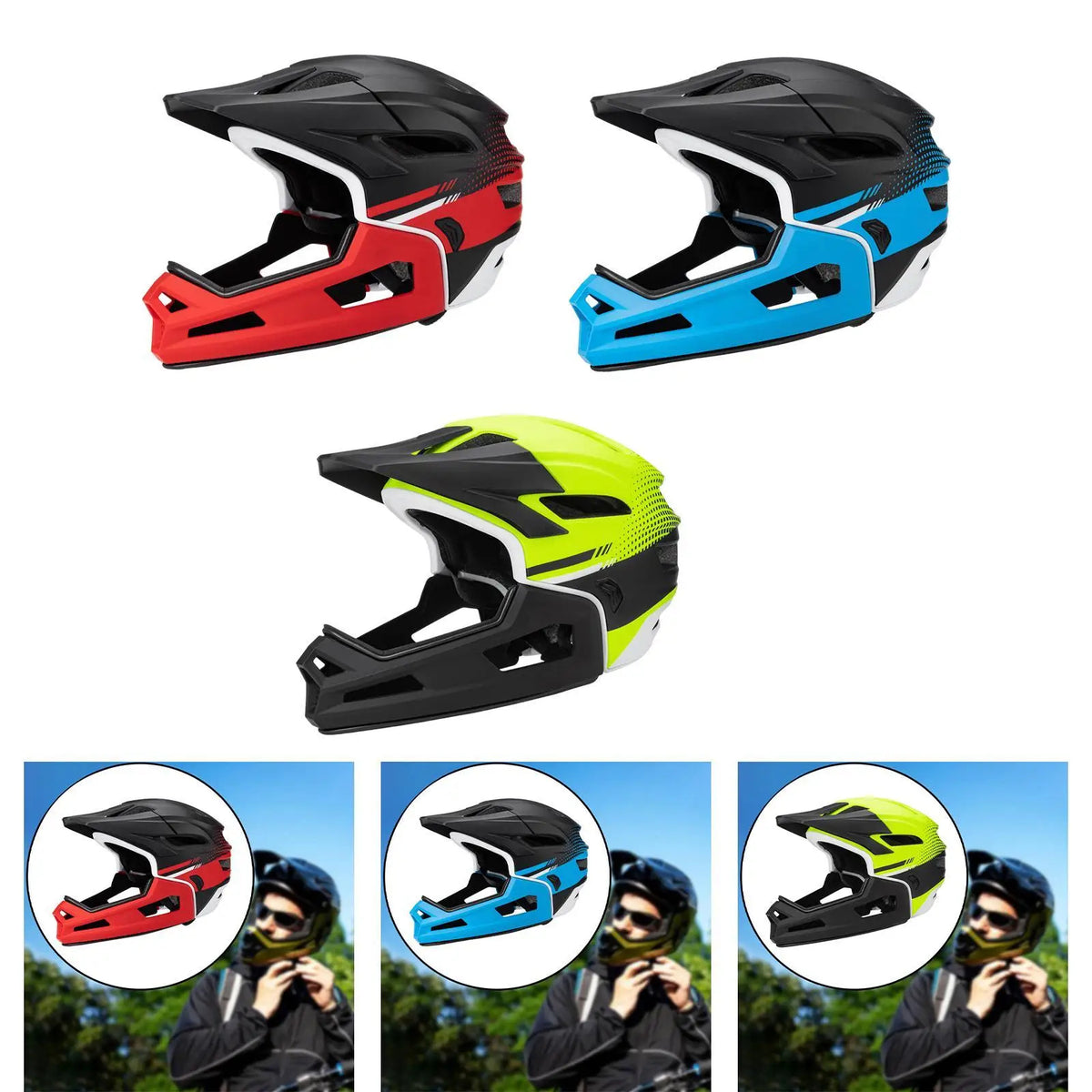 Three full-face breathable bike helmets with lifestyle images of cyclists. Lightweight and adjustable for men and women outdoor riders.