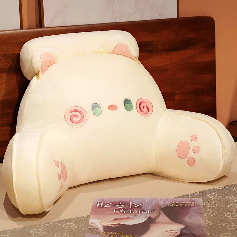 Cream-colored bear cartoon sofa backrest pillow with pink paw prints, designed for lumbar support and decorative comfort.
