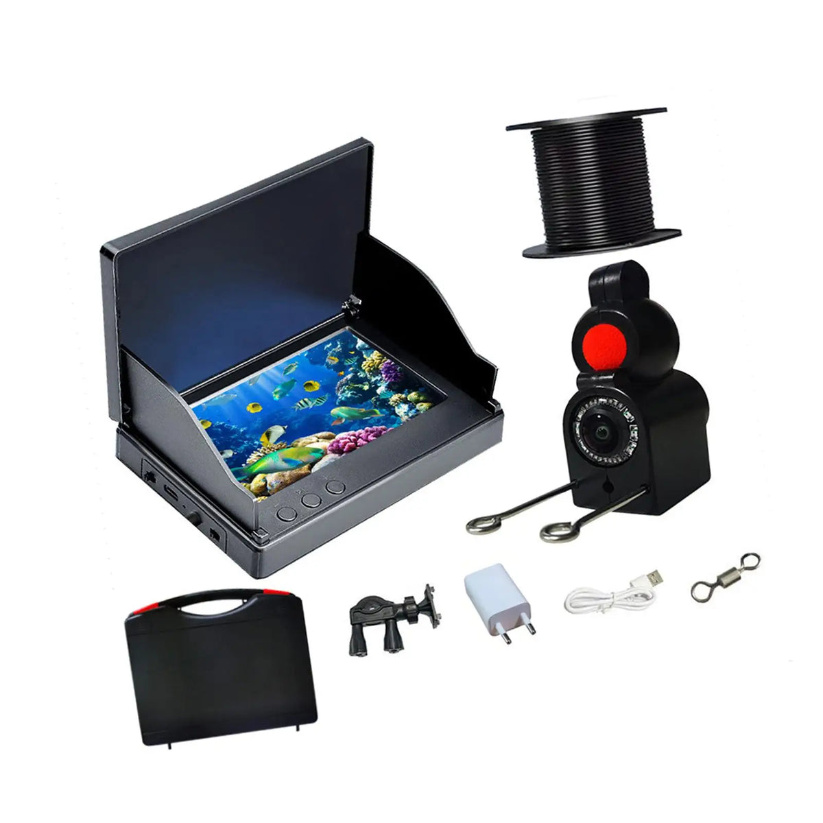 Complete Waterproof Fishfinder Camera kit featuring 4.3-inch screen, underwater camera, and essential fishing accessories for clear aquatic views.