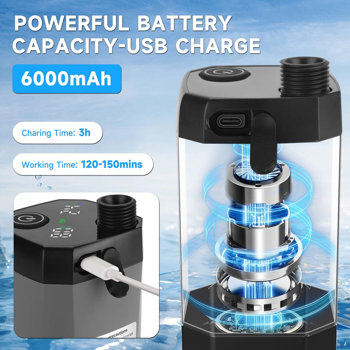 6000mAh battery-powered portable shower pump with USB charging, offering 120–150 minutes of use after a 3-hour charge.