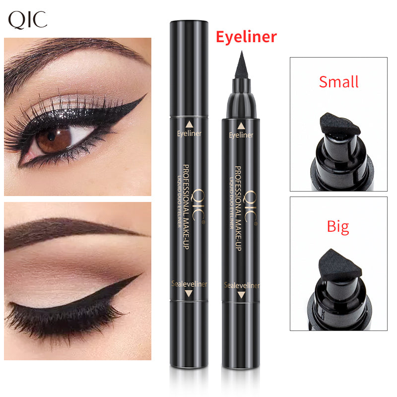 Close-up of cat eye results using 2-Swipe Cat Eye Hack Dual-Ended Magic Wand with small and big stamp options and waterproof eyeliner tip.
