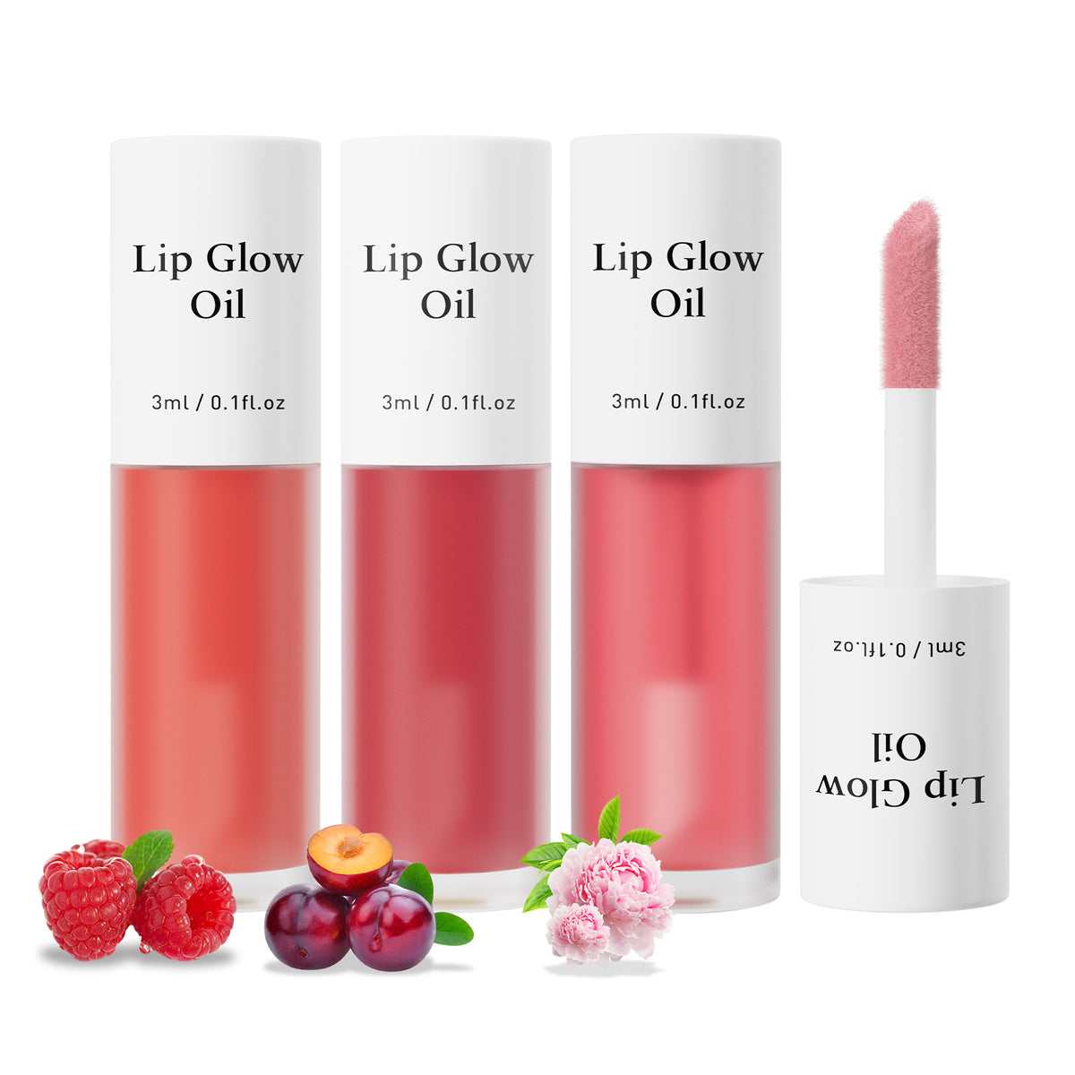 Set of three Scented Lip Glow Oils with raspberry, cherry, and floral extracts, offering glossy hydration in compact tubes.