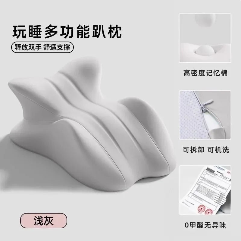 Light gray PlaySleep Multi-Functional Pillow with high-density memory foam and washable cover for ergonomic back and lumbar support.