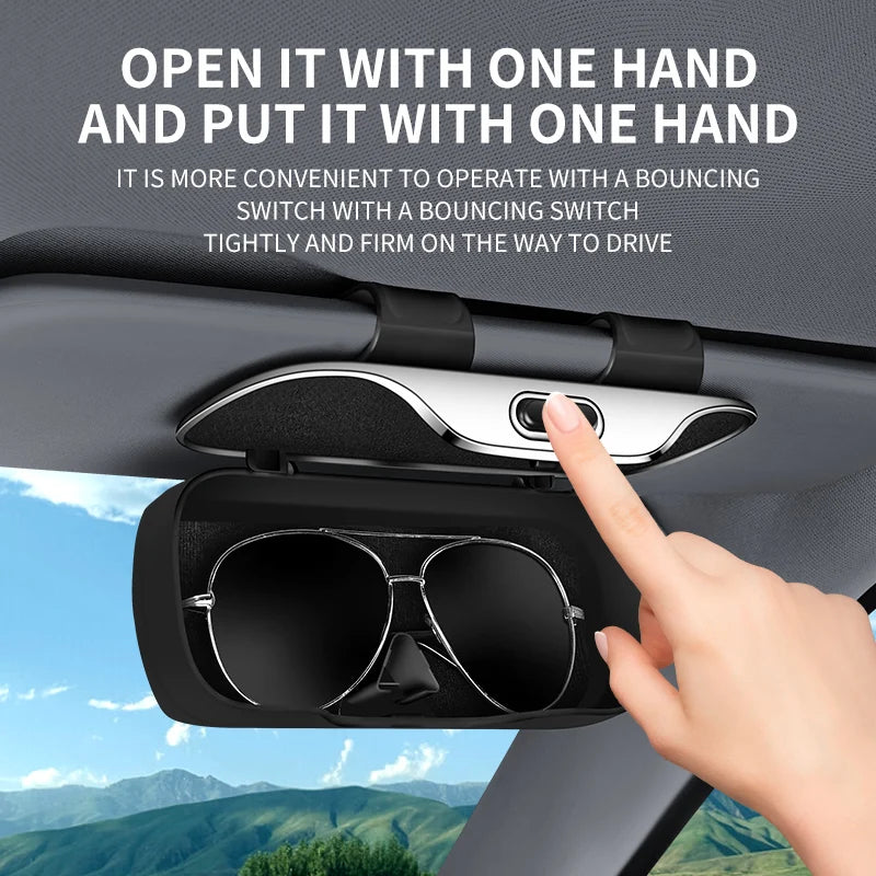 User opening black car glasses holder with one hand. Snap-on sun visor case stores sunglasses securely with soft lining for lens protection.
