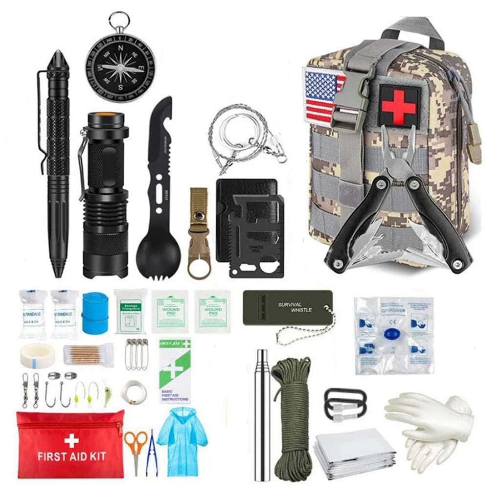 Outdoor Survival First Aid Kit featuring desert camo trauma bag, tactical tools, and essential emergency gear for wilderness preparedness.
