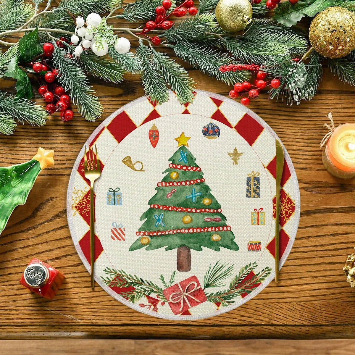 Christmas round linen placemat with decorated tree and gift illustrations, perfect for festive table decor and seasonal celebrations.