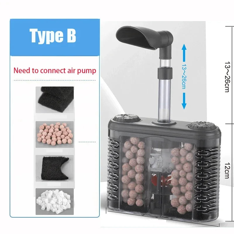 Type B internal aquarium filter requiring air pump, featuring multi-layer filtration media including bio-sponge and ceramic balls.