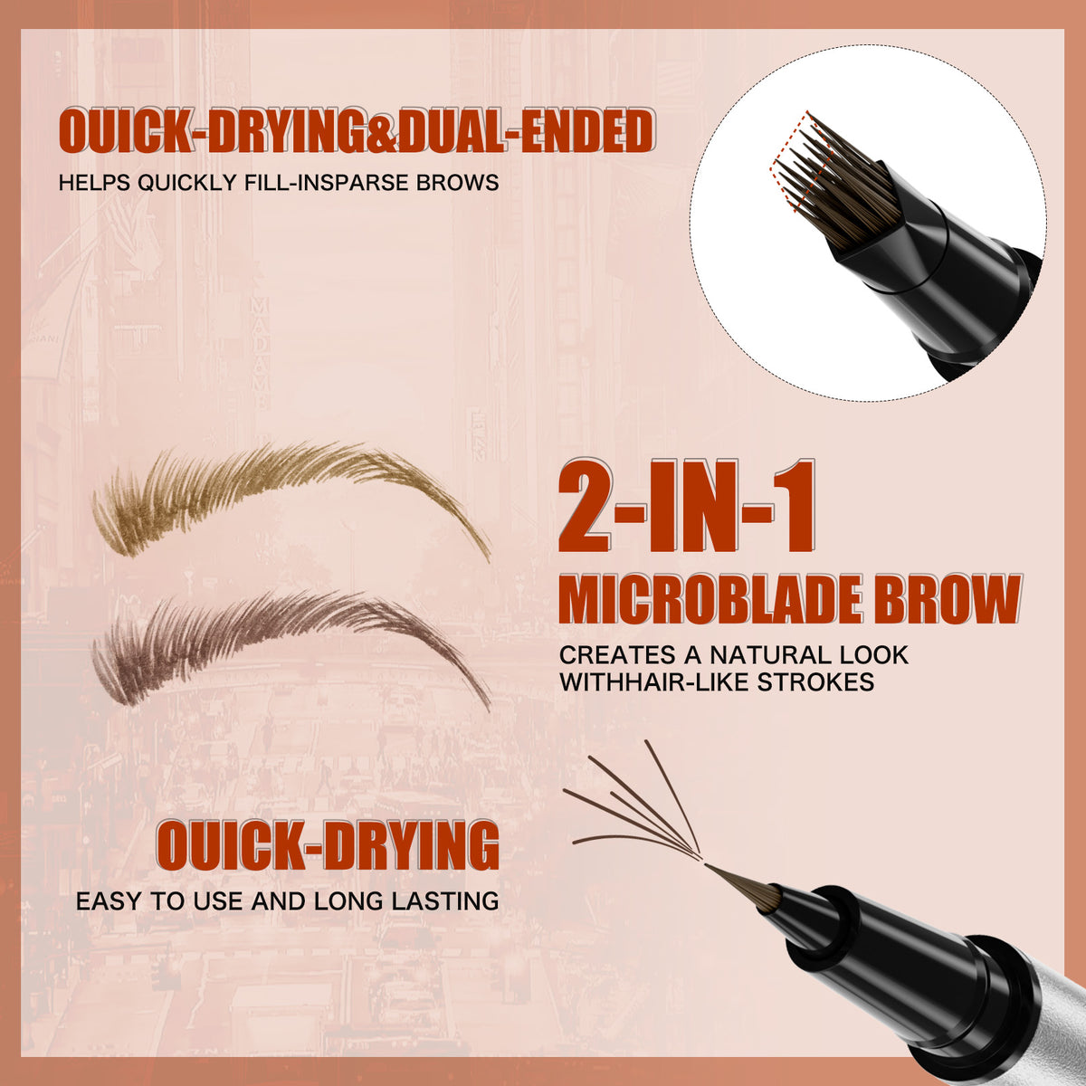 Close-up of dual-ended eyebrow pencil showing quick-drying brush tip and microblade strokes for natural-looking, long-lasting brows.