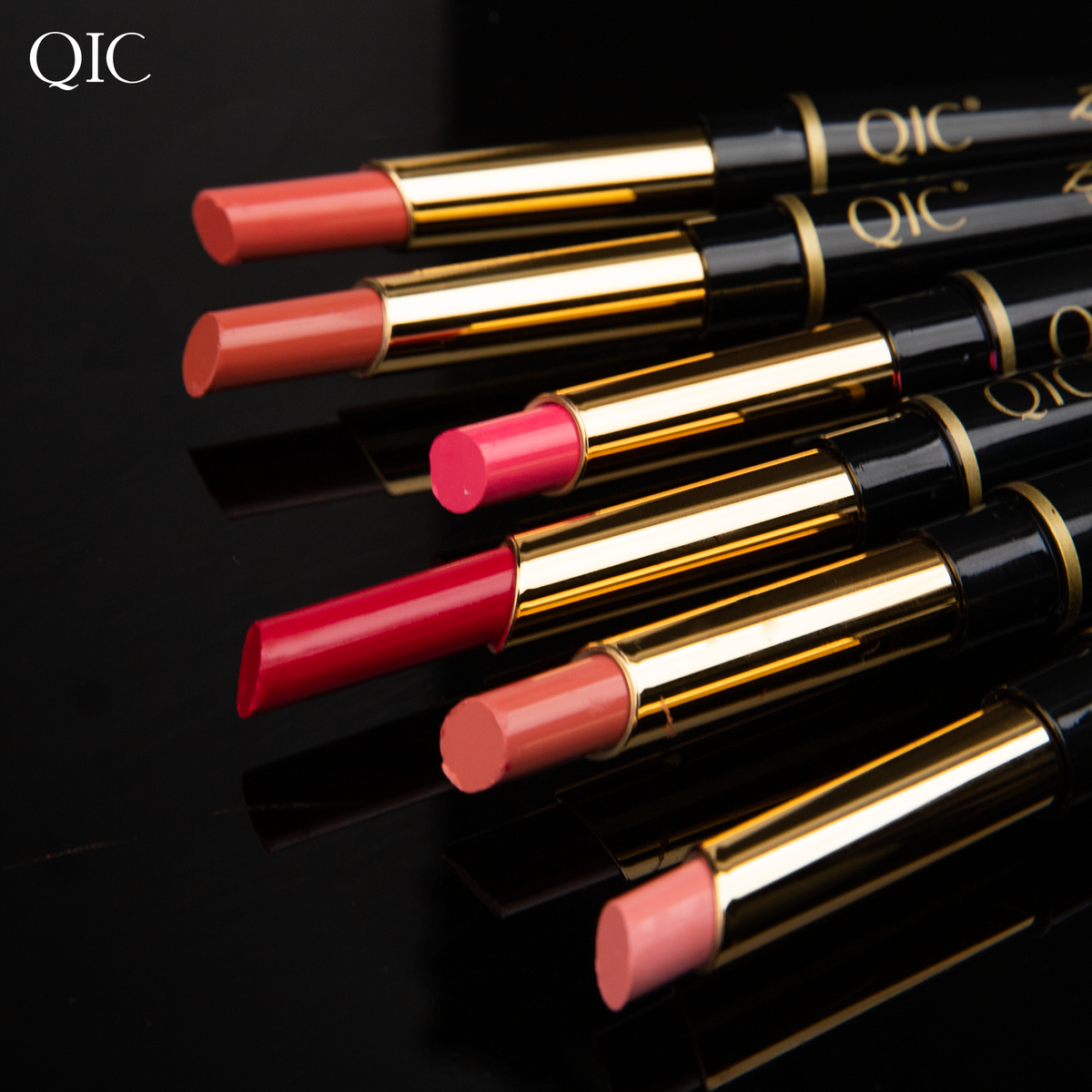 Angled view of 2-in-1 Dual-Ended Lipstick & Liner Matte Waterproof & Transfer-Proof lipsticks showing creamy texture and vibrant colors