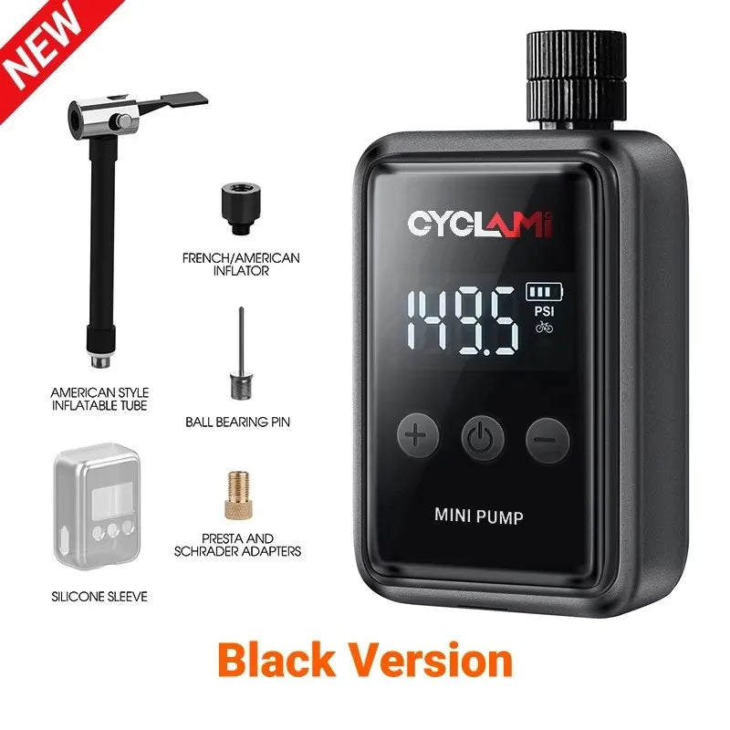 Black version of the Portable Electric Bike Pump 150Psi with digital display and multiple nozzles for bikes, balls, and inflatables.