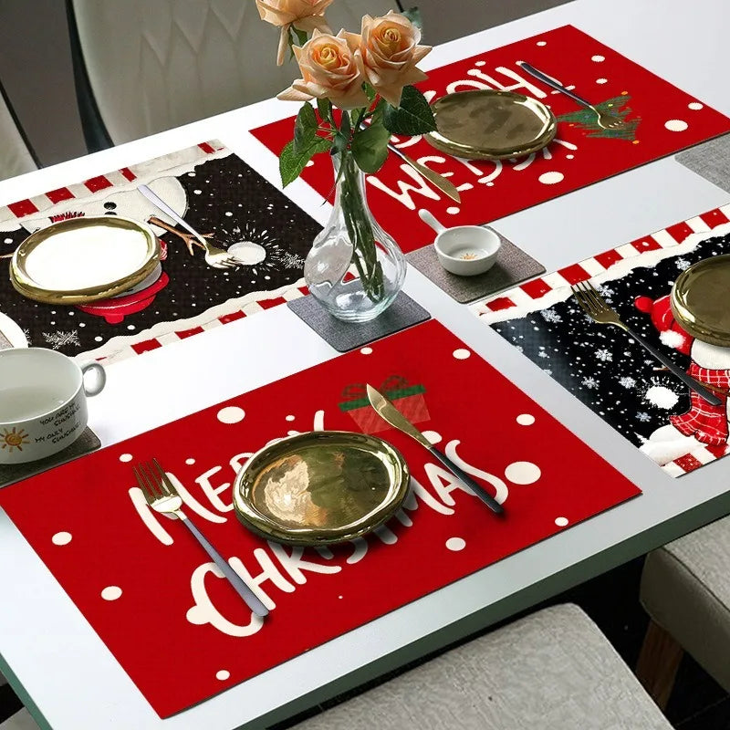 Christmas Snowman placemats with red and black holiday themes, ideal for festive dining room decor and surface protection.