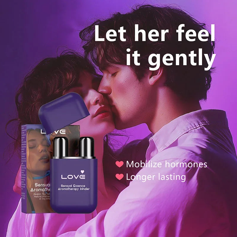 Sensory Essence Aromatherapy Inhaler with couple in intimate pose, designed to mobilize hormones and enhance lasting romantic energy.