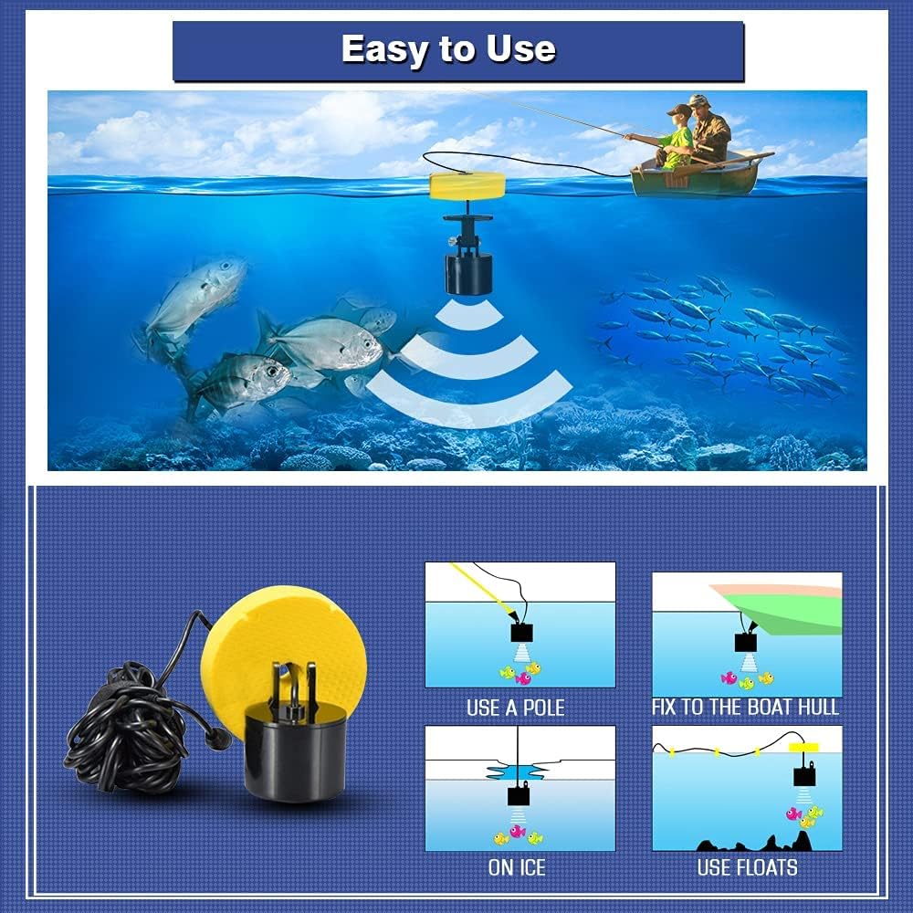 Easy-to-use castable sonar fish finder for kayaks and boats, showing multiple mounting options including pole, hull, ice, and float setups.