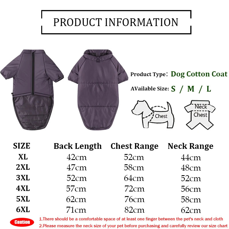 Purple Large Dog Winter Jacket with detailed size chart. Ideal warm coat for large breeds like Labs and Dobermans.