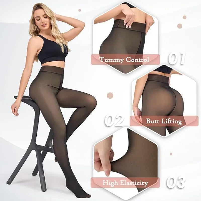 Women’s thermal tights with tummy control, butt lifting, and high elasticity. Thick fleece leggings for warmth and shaping support.
